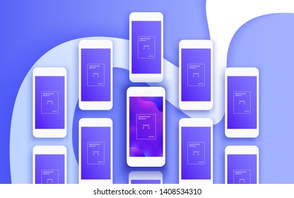 The background of the mockups of white smartphones. Set of huge number phones on Blue background. Preview the layouts design of mobile apps for portfolio. Mobile front view display template.