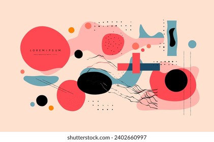 Background in modern abstract design based on geometric elements. Art composition in the memphis style. Cover design template for presentation, poster, cover, brochure, etc.