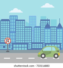 Background of modern city with a car on a road vector  vector flat design illustration. Square layout.