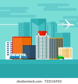 Background of modern city with transport vector flat design illustration. Square layout.