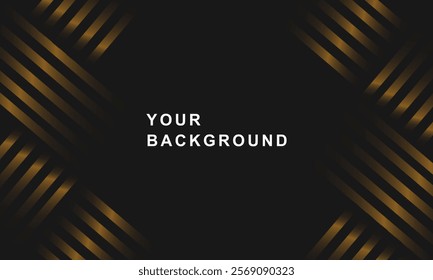 A background with a modern and elegant design, ideal for various purposes. The black background is adorned with diagonal gold lines in all four corners, creating an attractive and luxurious visual eff