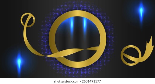 Background: Modern graphic, such as a gold circle in the center, with blue lights behind and a curved ribbon that adds interest, may be used for celebrations or events that require a touch of luxury.
