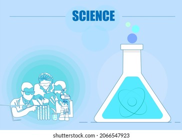 Antecedentes concepto de estilo de línea moderna con científicos trabajando en el ambiente de laboratorio con tubos de ensayo. Revista de ciencia y ciencia: carteles y diseño de publicaciones científicas