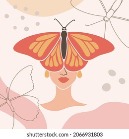 Background in a modern one line and flat art style of a woman with butterfly. Hand drawn continuous line art vector illustration. Continuous one line drawing.