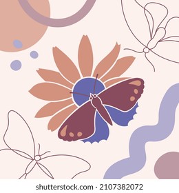 Background in a modern one line and flat art style of a butterfly with a daisy flower. Hand drawn continuous line art vector illustration. Continuous one line drawing. Very Peri trendy color. 