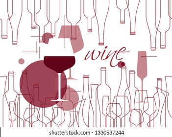 Background in modern style with wine bottles and wine glasses. Design element for tasting, menu, wine list, restaurant, winery, shop.