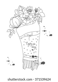 background with a monochromatic pattern of flowers in the bouquet wrap with inscription on white background