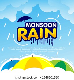 background Monsoon season with colorful umbrellas. Vector with monsoon elements and offer text like cloud,rain and sky.