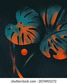 Background with a monstera leaf. Graphic print of tropical leaves at sunset. Illustration of exotic nature with leaves. Dark textured poster for the travel industry, nightclub, beach bar.