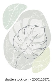 Background with monstera leaf. Gray and green spots with a scratch texture. Images for print try interior design.
