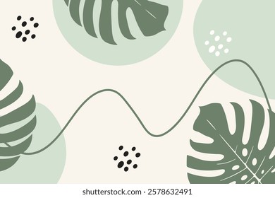 Background  With Monstera Leaves and Abstract Shapes.