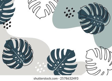 Background  With Monstera Leaves and Abstract Shapes.