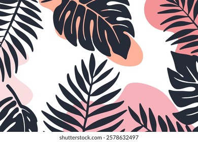 Background  With Monstera Leaves and Abstract Shapes.