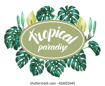 Background with monstera leaves. Decorative image of tropical foliage and flower. Design for advertising booklets, banners, flayers, cards.