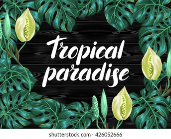 Background with monstera leaves. Decorative image of tropical foliage and flower. Design for advertising booklets, banners, flayers, cards.