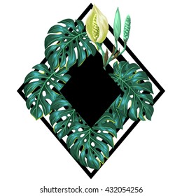 Background with monstera leaves. Decorative image of tropical foliage and flower. Design for advertising booklets, banners, flayers, cards.