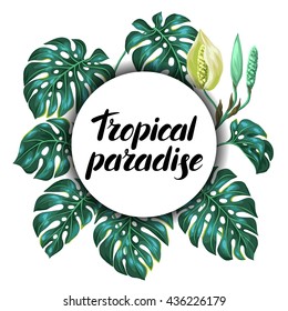 Background with monstera leaves. Decorative image of tropical foliage and flower. Design for advertising booklets, banners, flayers, cards.
