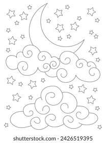 Background with moon, clouds and stars. Coloring page, icon, black and white vector illustration.