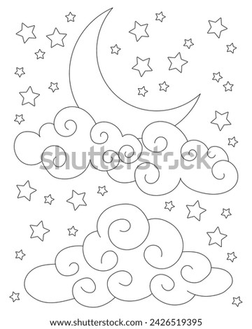 Background with moon, clouds and stars. Coloring page, icon, black and white vector illustration.