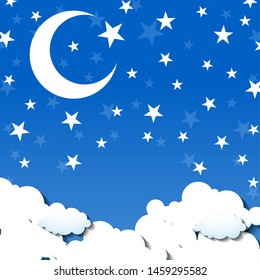 Background of moon and stars sky. Clouds, moon, stars