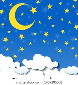 Background of moon and stars sky. Clouds, moon, stars