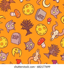 background with moon wolf scull and other Halloween stuff - Pattern for greeting cards, packing, cards, packets, flyers