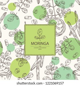 Background with moringa: plant, leaves, pill and powder of moringa. Super food. Vector hand drawn illustration.