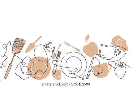 Background with Morning Food and Utensils. Cooking Horizontal Pattern. Continuous drawing style. Vector illustration.