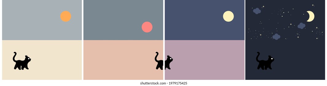 Background of morning scene to night scene . Cat walking on a background.