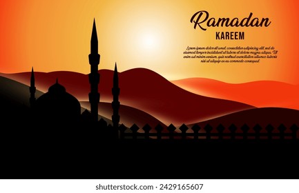 The background of the mosque with a natural mountain atmosphere. Eid Mubarak Islamic greeting card for Muslim Holidays. Celebration of Eid al-Adha. Ramadan kareem background.