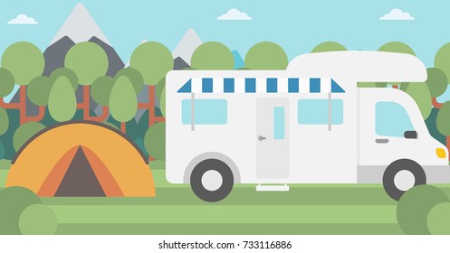 Background of motorhome and tent in the forest vector flat design illustration. Horizontal layout.