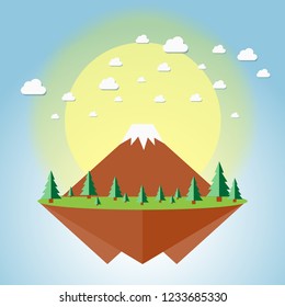 Background Mountain with a forest on a blue sky day. Floating cities in the bright sky