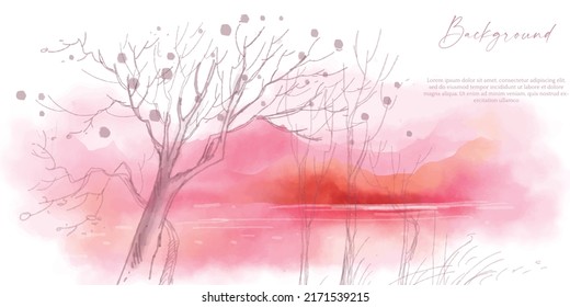 background mountain and lake watercolour landscape. Water colour wedding card. mountain wedding