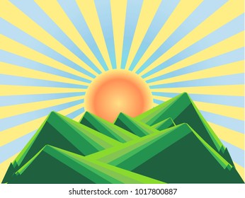 Background with mountain landscape below on blue. Green hills, valley, blue sky, yellow sun, rise. Modern flat design, design element, stock vector illustration