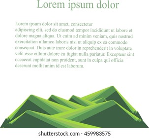 Background with mountain landscape below on white. Green hills, lorem ipsum. Modern flat design, design element, vector