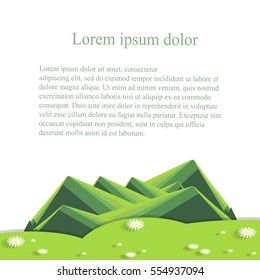 Background with mountain landscape below on white. Green hills, valley with white daisies lorem ipsum. Modern flat design, design element, vector