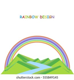 Background with mountain landscape below on white. Green hills, blue river, rainbow. Modern flat design, design element, vector