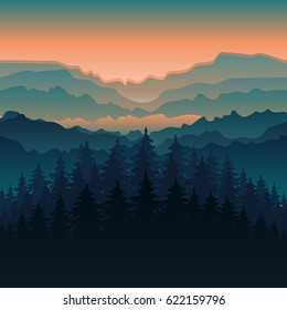 Background with mountain landscape. Foggy sunset in mountains. Vector illustration.
