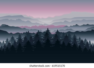 Background with mountain landscape. Morning mountains in fog. Vector illustration.
