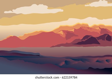 Background with mountain landscape. Sunset in mountains. Vector illustration.