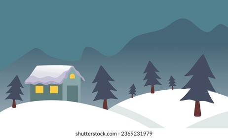 background mountain view with trees and a house. illustration vector