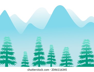 Hintergrund mit Bergen und Tannenbäumen. Winterlandschaft. Vektorgrafik in Flachstil