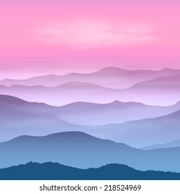 Background with mountains in the fog. Sunset time. EPS10 vector.