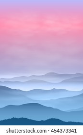 Background with mountains in the fog. Sunset time. EPS10 vector.