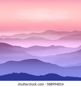 Background with mountains in the fog. Sunset time. EPS10 vector.