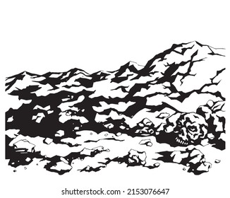 Background of mountains and rocks with a skull in the foreground. Traced graphic drawing.