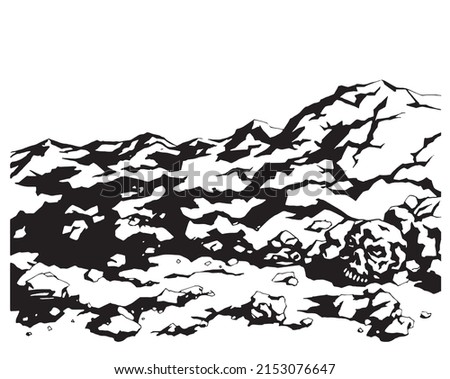 Background of mountains and rocks with a skull in the foreground. Traced graphic drawing.