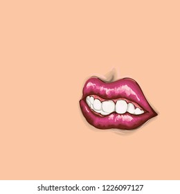 Background with mouth biting lip. The mouth on the body background is biting the lip from the crap something to eat.