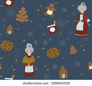 Antecedentes con la Sra. Claus. Patrón navideño con la señora Claus, galletas de chocolate, galletas de pan de jengibre y una taza de cacao sobre un fondo verde. Patrón sin foco. Gráficos vectoriales.