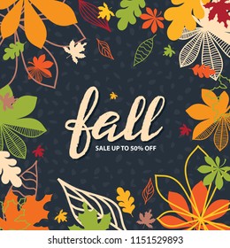 Fondo con hojas de otoño multicolor. Ilustración vectorial. Diseño para etiquetas de descuento y compras.